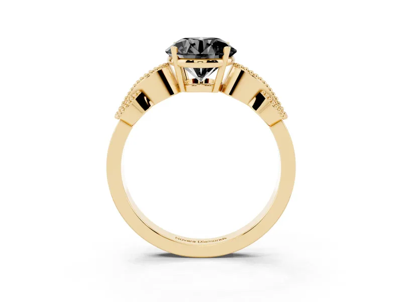 Round Vintage Leaf Solitaire Engagement Ring Setting for a Black Center | Yellow Gold