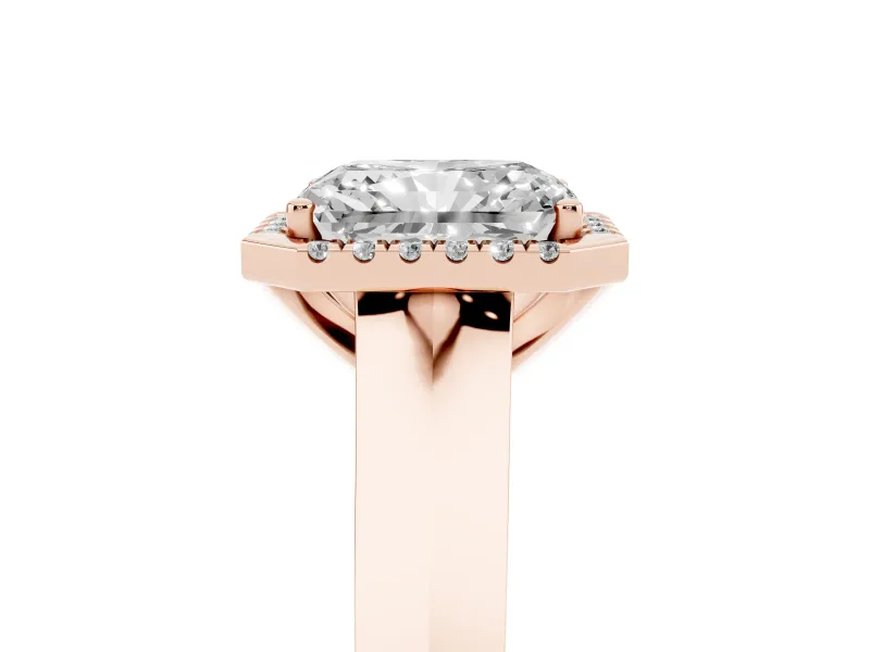 Radiant Cut Diamond Halo Ring Set in Rose gold with Cathedral Band and Prong Setting
