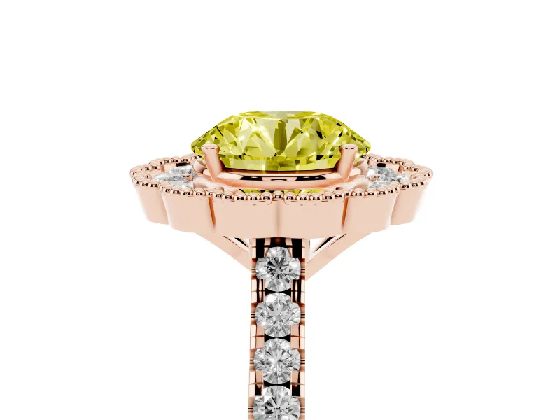 Round Vintage Milgrain Floral Halo Engagement Ring Setting for a Fancy Yellow Lab-Grown Diamond | Pavé Band | Rose Gold