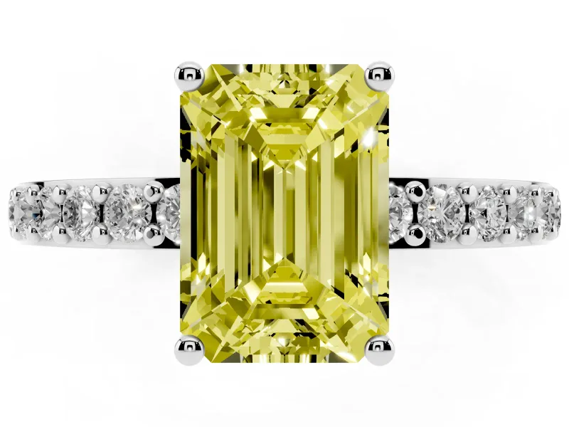 Fancy Yellow Emerald Cut Diamond Solitaire Set in White gold with Round Pavé Band and Prong Setting