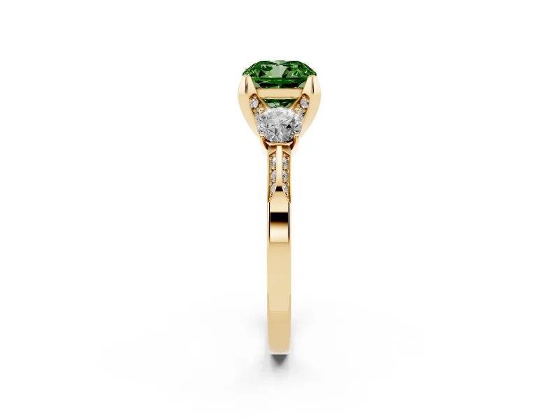 Cushion Cut Hidden Halo Three Stone Engagement Ring Setting for a Fancy Green Lab-Grown Diamond | Yellow Gold