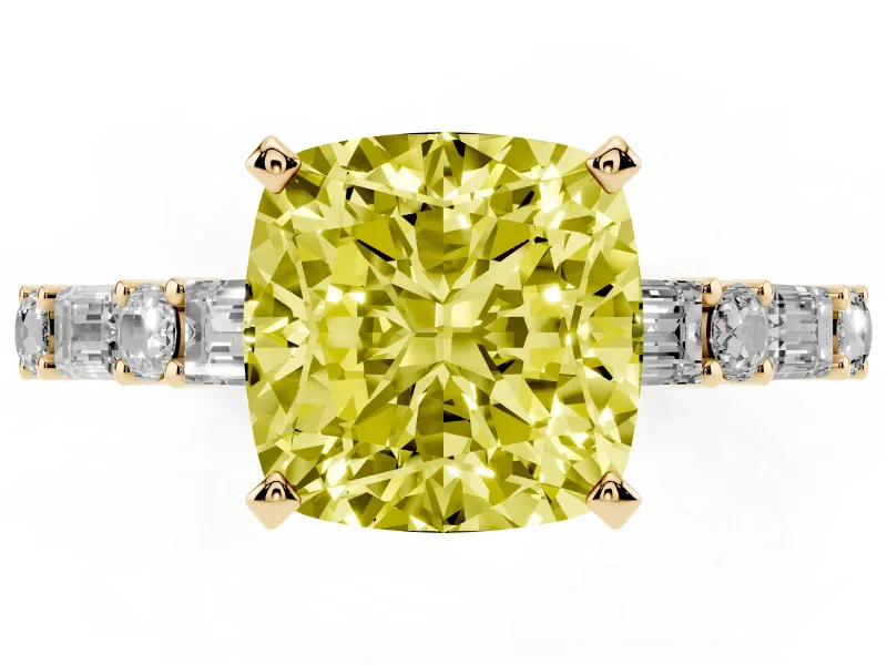 Fancy Yellow Cushion Cut Diamond Solitaire Set in Yellow gold with Side Baguettes and Channel Set Band