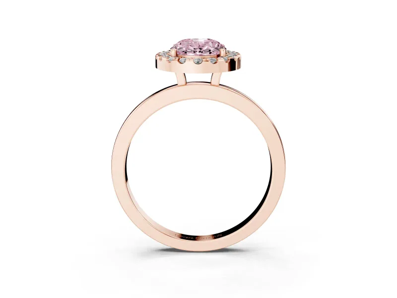 Fancy Pink Oval Cut Diamond Halo Solitaire Ring Set in Rose gold with Pavé Band and Prong Setting