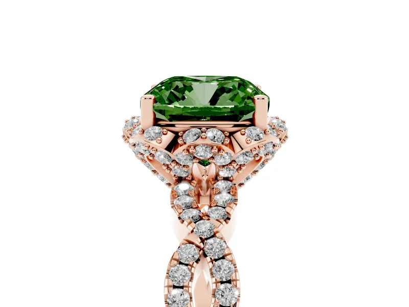 Fancy Green Cushion Cut Diamond Halo Twist Band Solitaire Ring Set in Rose gold with Prong-Set Center Stone