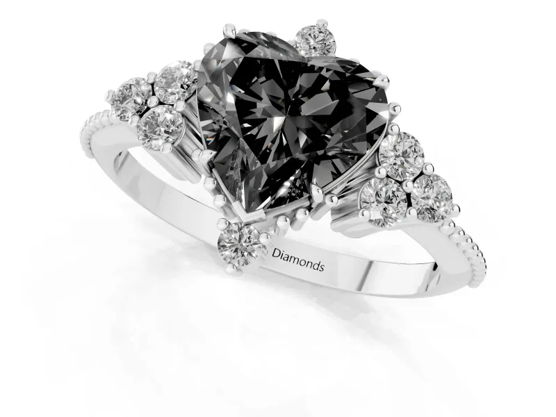 Heart-Shaped Vintage Cluster Engagement Ring Setting for a Black Center | Beaded Edges | Platinum