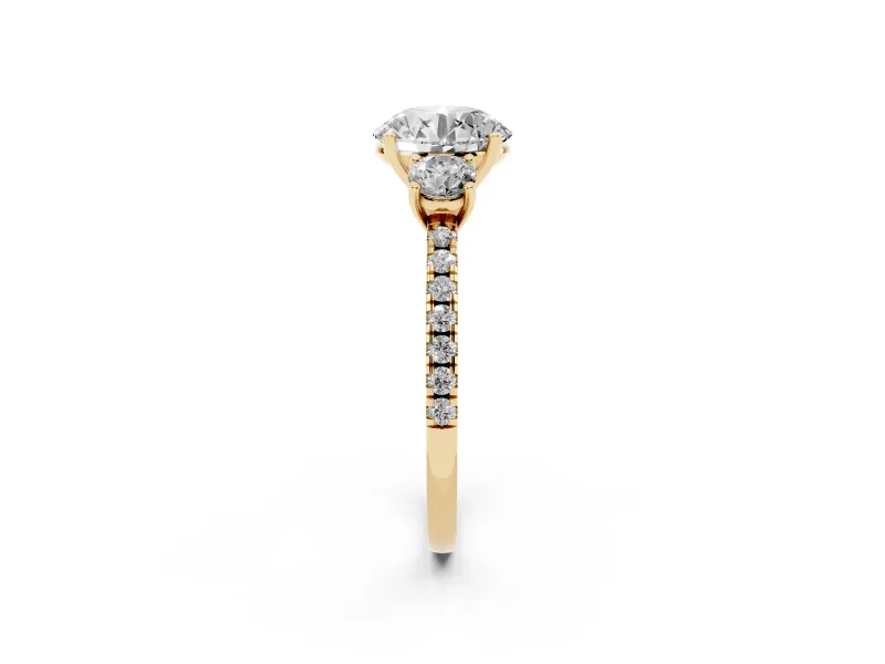 Round Three Stone Engagement Ring Setting | Pave Shoulders | Yellow Gold