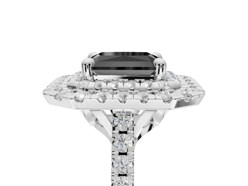 Fancy Black Radiant Cut Lab-Grown Diamond Double Halo Statement Ring Set in White Gold with Pavé Band