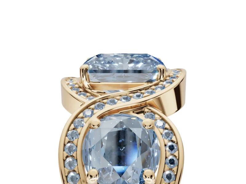 Radiant Cut Three Stone Halo Engagement Ring Setting for a Fancy Blue Lab-Grown Diamond | Pavé Wave Band | Yellow Gold