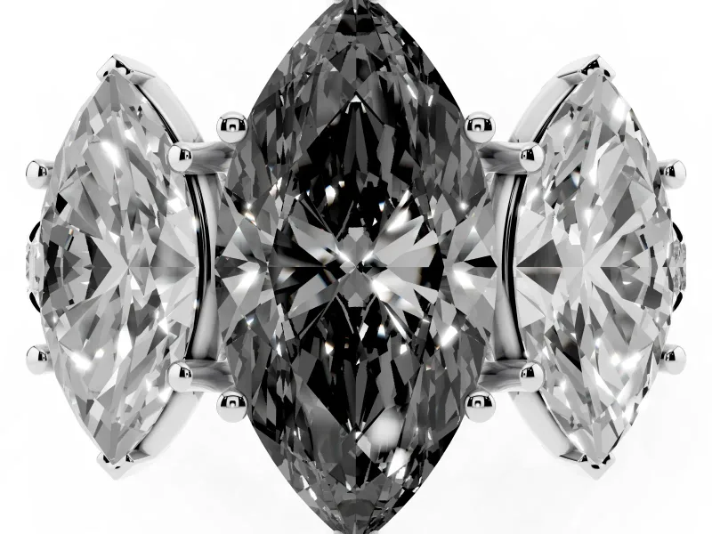 Fancy Black Marquise Cut Diamond Three-Stone Ring Set in Silver with Pavé Band