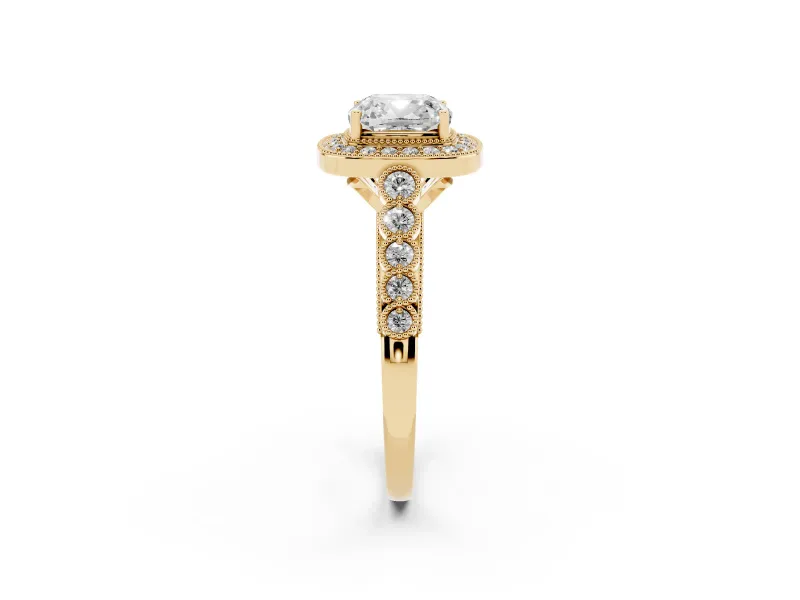 Cushion Cut Milgrain Halo Engagement Ring Setting | Graduated Bezel Accents | Yellow Gold