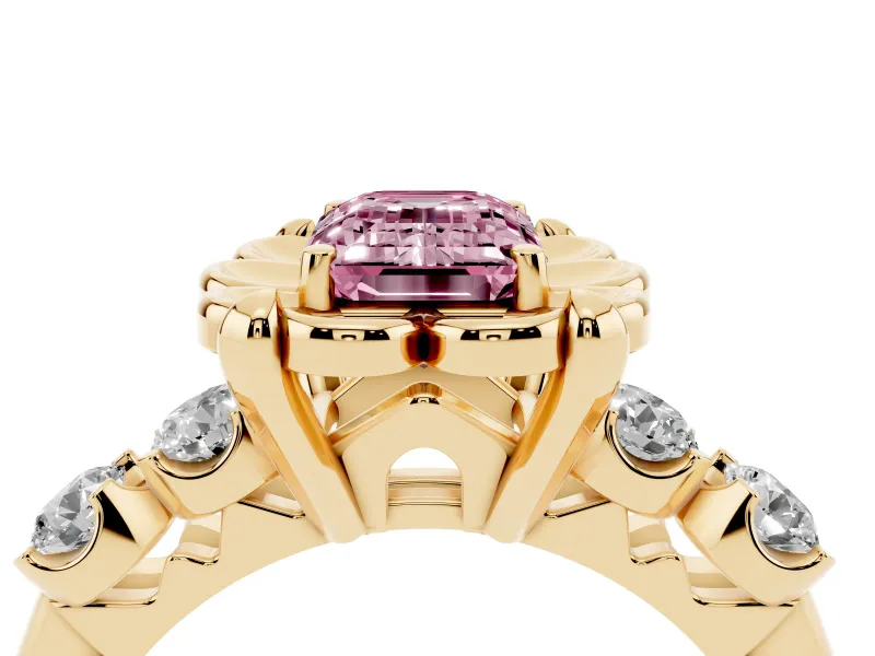 Emerald Cut Floral Engagement Ring Setting for a Fancy Pink Lab-Grown Diamond | Petal Frame | Yellow Gold