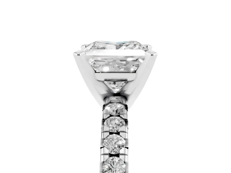 Princess Cut Diamond Solitaire Pavé Engagement Ring Set in White gold with Round Band and Prong Setting