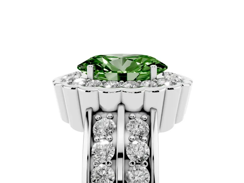 Fancy Green Oval Cut Diamond Scalloped Halo Ring Set in Silver with Pavé Split Shank