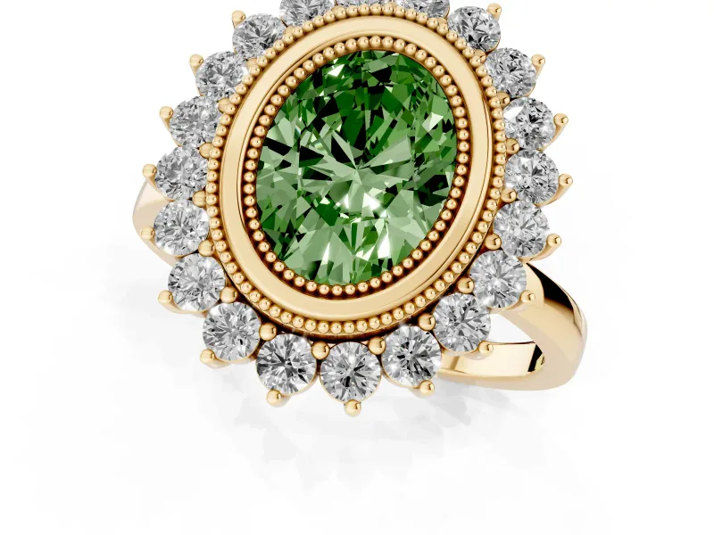 Fancy Green Oval Cut Diamond Halo Ring Set in Yellow gold with Milgrain Edge and Round Prong Setting
