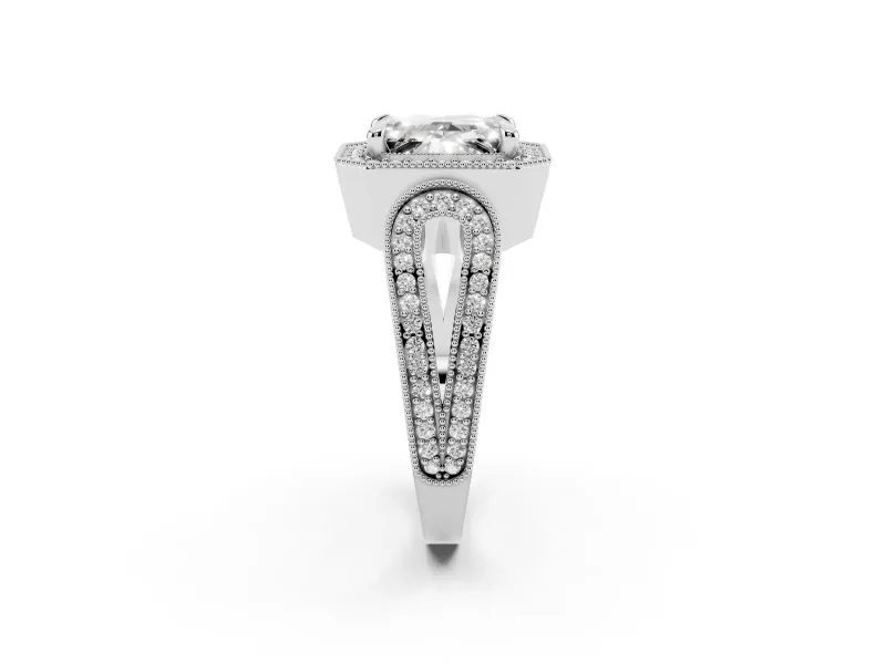 Emerald Cut Milgrain Halo Engagement Ring Setting | Open Loop Shoulders | Sterling Silver