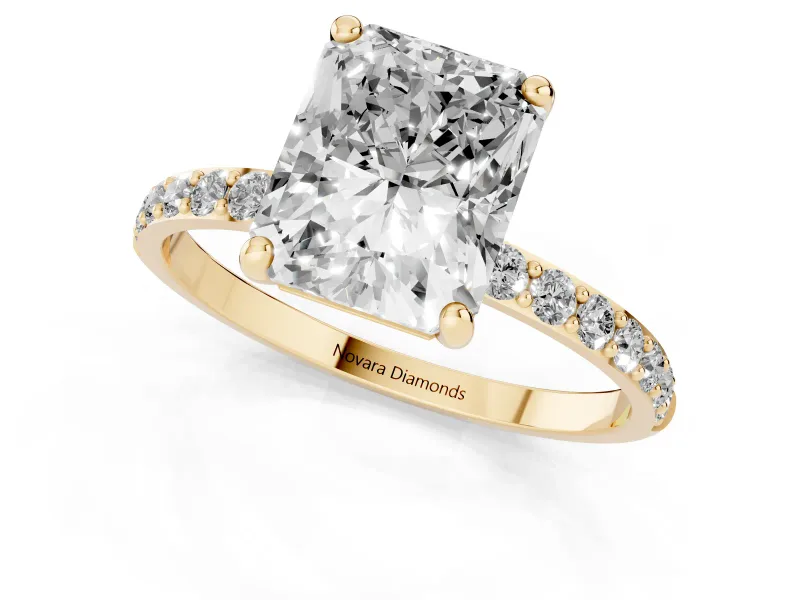 4 Carat Radiant Cut Lab-Grown Diamond Solitaire Engagement Ring | Pavé Shoulders | Yellow Gold
