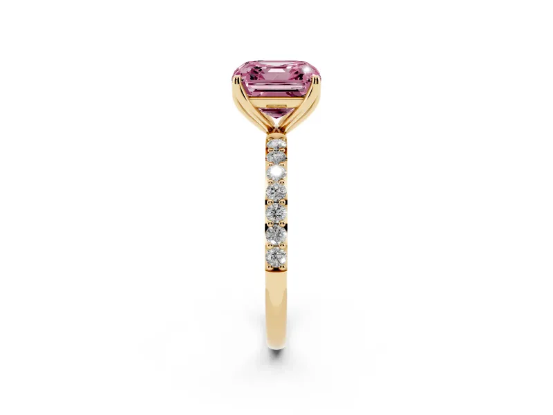 Asscher Cut Pave Solitaire Engagement Ring Setting for a Fancy Pink Lab-Grown Diamond | Slim Band | Yellow Gold