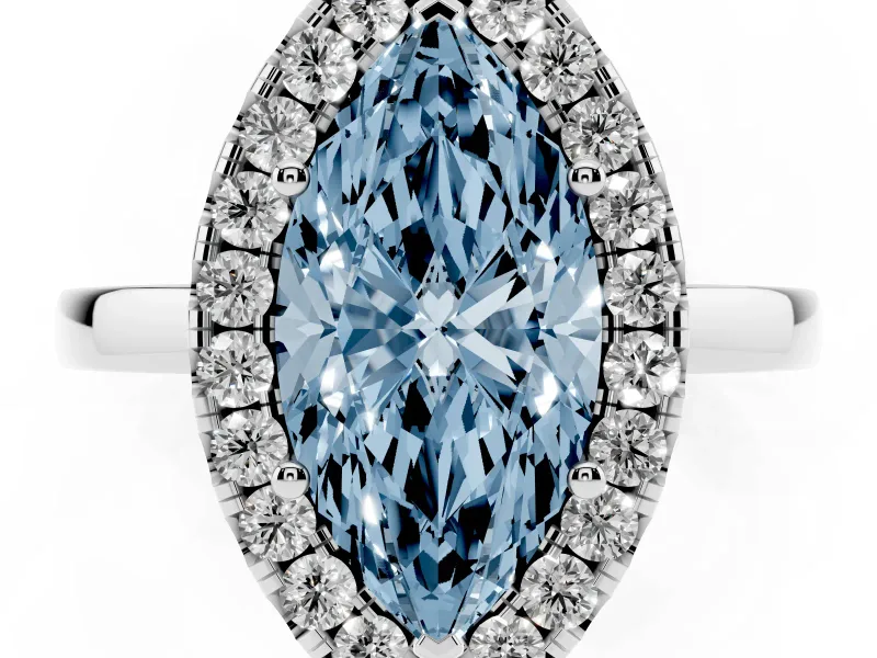 Fancy Blue Marquise Cut Diamond Halo Solitaire Ring Set in White gold with Pavé Band and Prong Setting