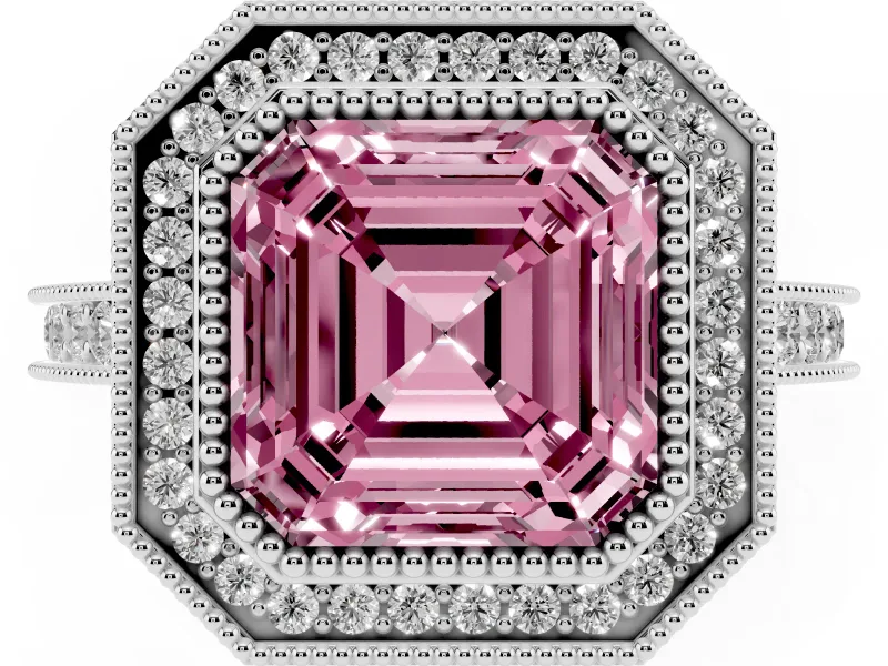 Asscher Cut Vintage Milgrain Halo Engagement Ring Setting for a Fancy Pink Lab-Grown Diamond | Bezel Head | Platinum