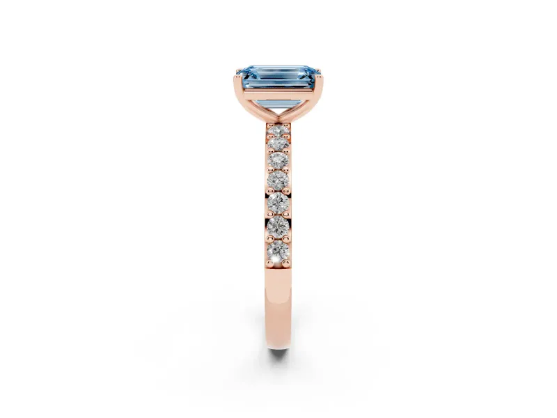 Emerald Cut Pavé Solitaire Engagement Ring Setting for a Fancy Blue Lab-Grown Diamond | Single Row Band | Rose Gold