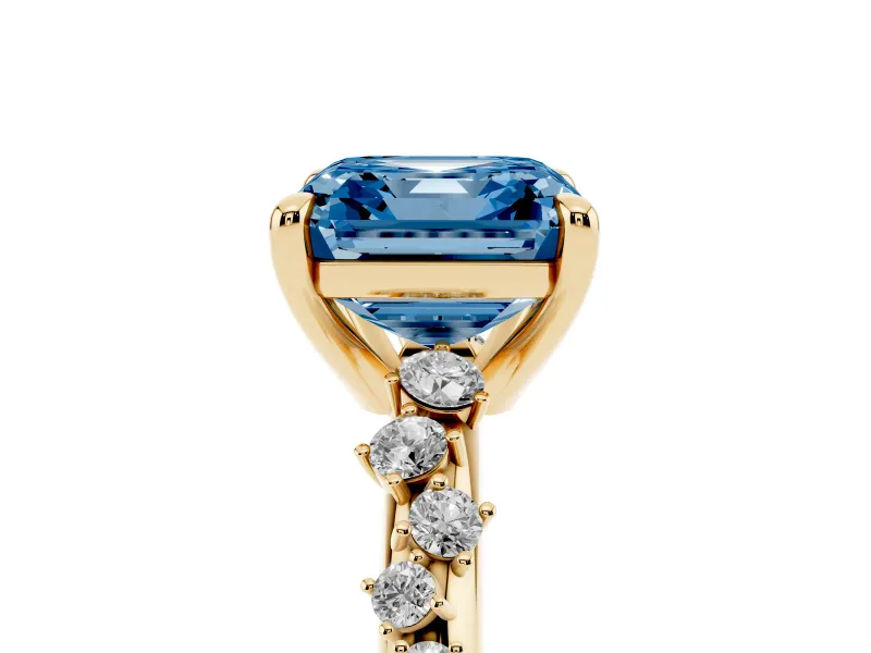 Fancy Blue Asscher Cut Diamond Solitaire Vine Band Ring Set in Yellow gold with Round Accents and Prong Setting