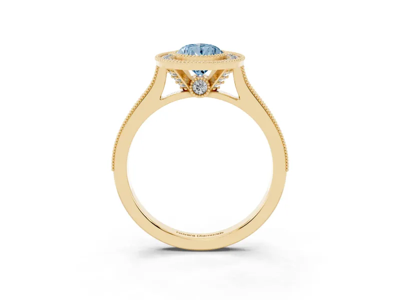 Pear-Shaped Vintage Milgrain Halo Engagement Ring Setting for a Fancy Blue Lab-Grown Diamond | Bezel Head | Yellow Gold