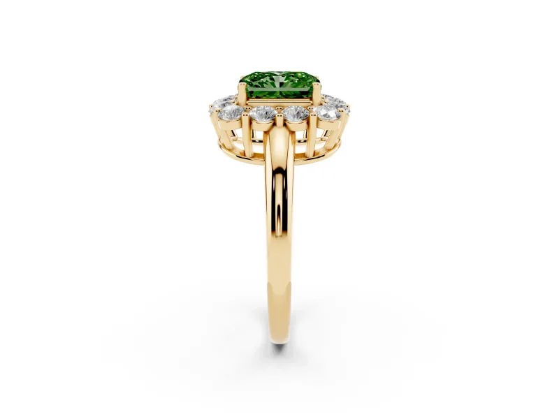 Radiant Cut Cluster Halo Engagement Ring Setting for a Fancy Green Lab-Grown Diamond | Large Round Accents | Yellow Gold