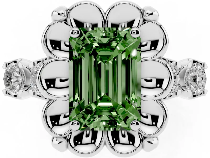 Emerald Cut Floral Engagement Ring Setting for a Fancy Green Lab-Grown Diamond | Petal Frame and Side Stones | Platinum