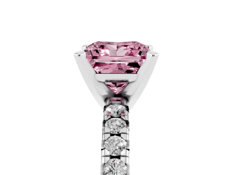Fancy Pink Princess Cut Diamond Solitaire Pavé Engagement Ring Set in Silver with Round Band and Prong Setting