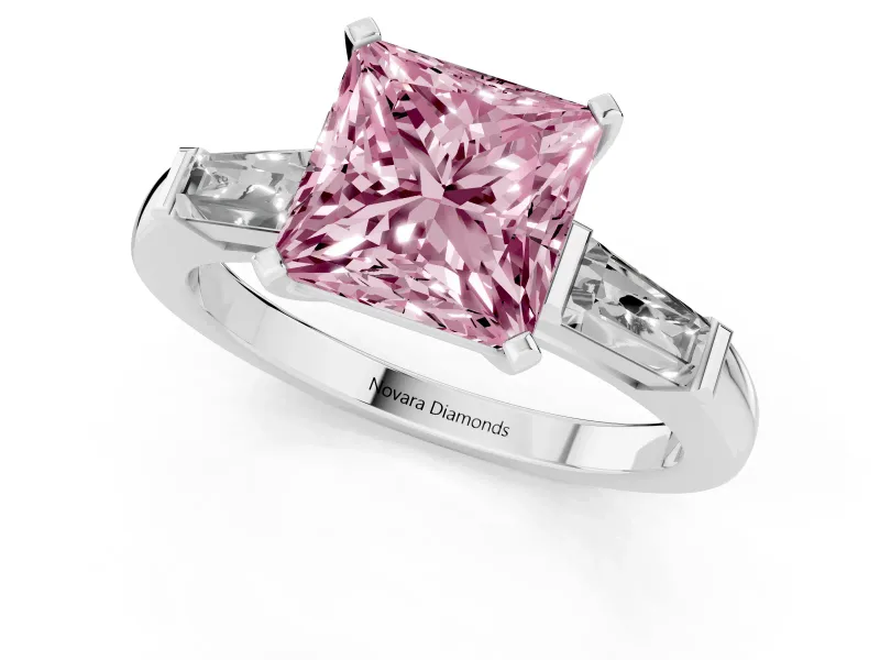 Fancy Pink Princess Cut Diamond Solitaire Ring Set in Silver with Tapered Baguette Side Stones and Prong Setting