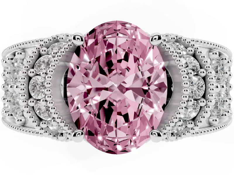 Oval Vintage Pave Engagement Ring Setting for a Fancy Pink Lab-Grown Diamond | Milgrain Edges | Sterling Silver