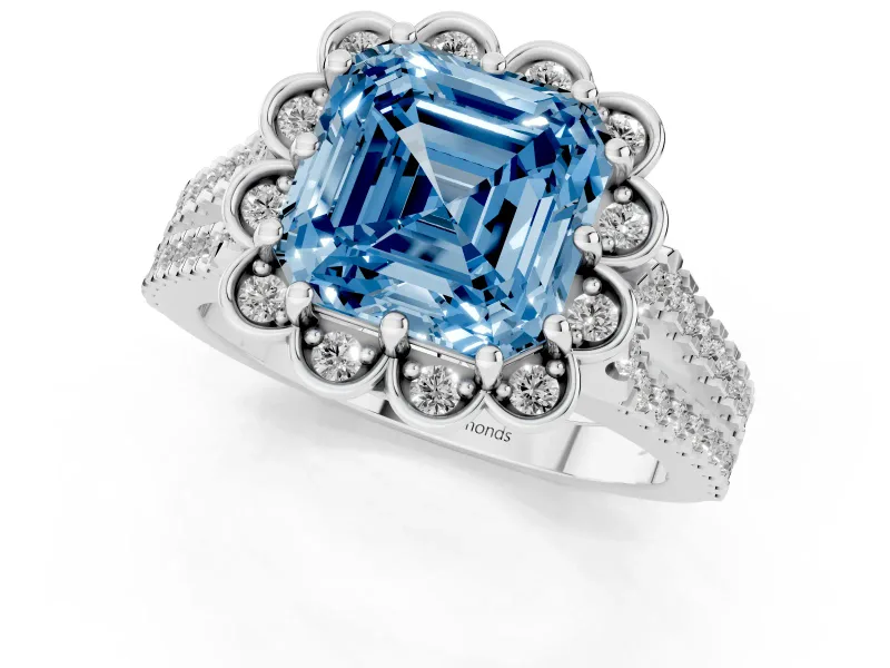 Asscher Cut Floral Halo Engagement Ring Setting for a Fancy Blue Lab-Grown Diamond | Pavé Split Shank | Sterling Silver