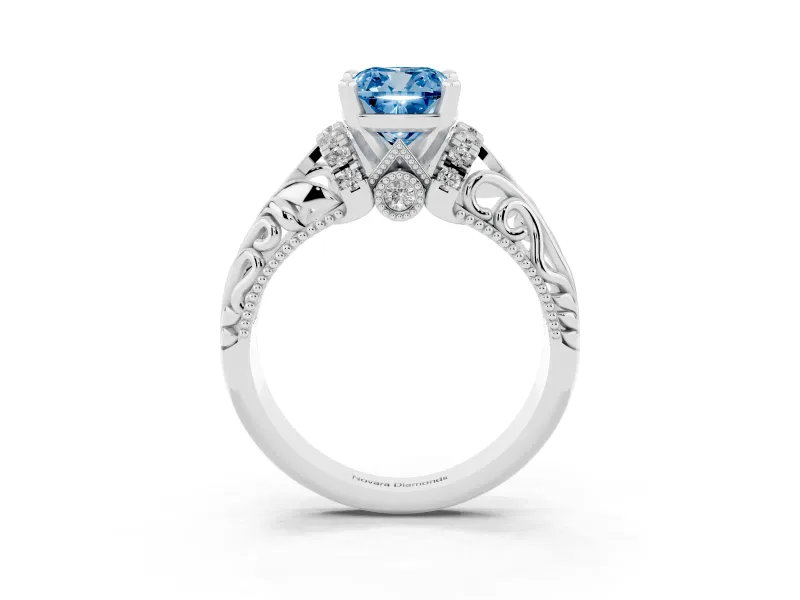 Fancy Blue Cushion Cut Diamond Filigree Halo Engagement Ring Set in White gold with Prong Setting