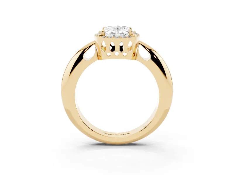 Oval Cut Diamond Halo Engagement Ring Set in Yellow gold with Plain Split Shank and Prong Setting