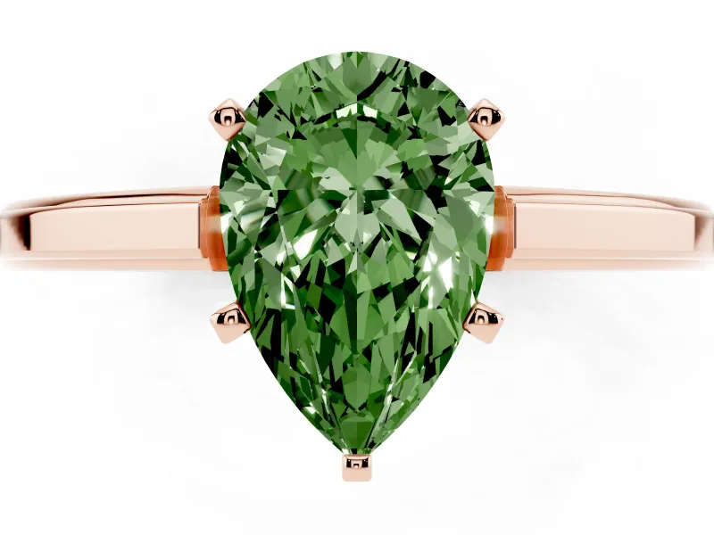 Fancy Green Pear Cut Diamond Solitaire Ring Set in Rose gold with Prong Setting and Classic Band