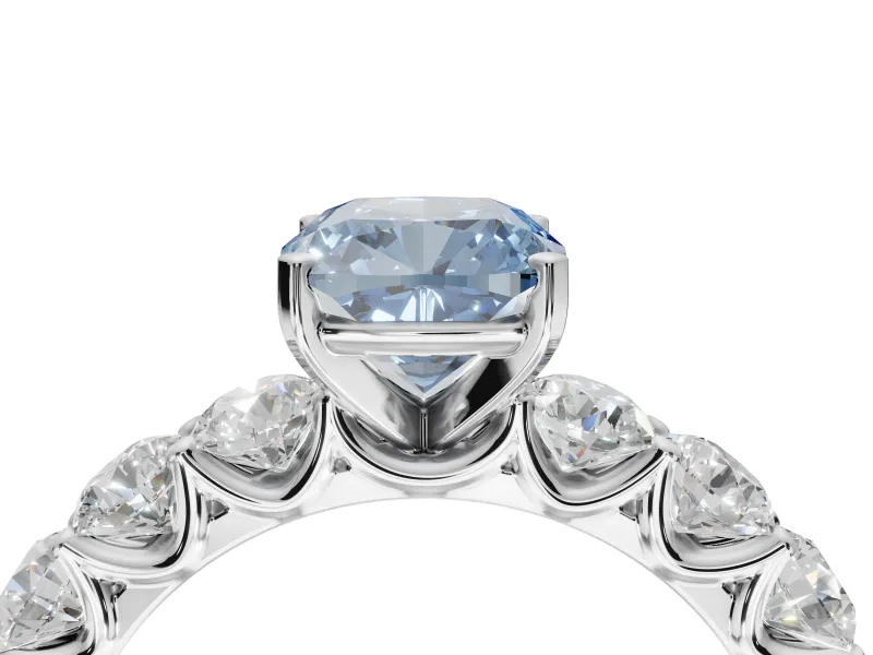 Cushion Cut Side Stone Engagement Ring Setting for a Fancy Blue Lab-Grown Diamond | Scalloped Prong Accents | Platinum