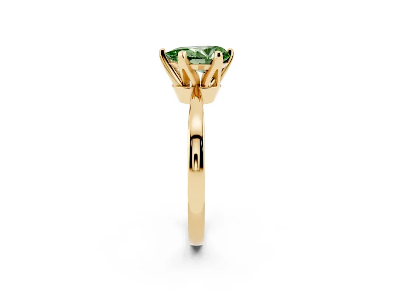 Fancy Green Pear Cut Diamond Solitaire Engagement Ring Set in Yellow gold with Slim Tapered Solitaire Band