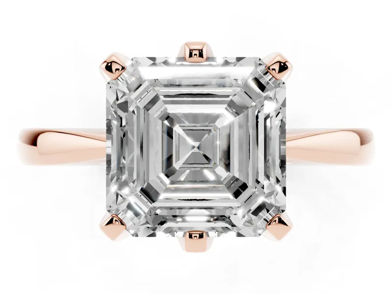 Asscher Cut Diamond Solitaire Engagement Ring Set in Rose gold with Slim Tapered Solitaire Band
