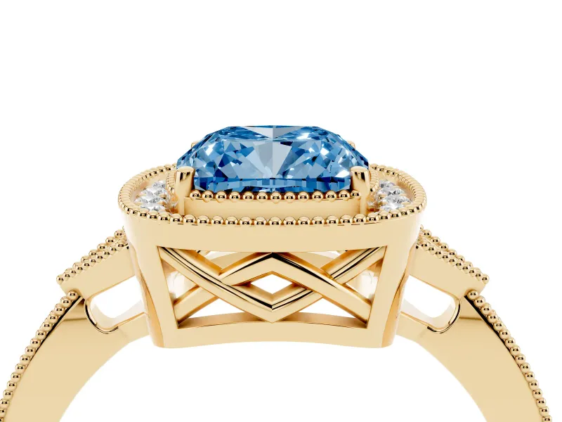 Fancy Blue Cushion Cut Diamond Halo Engagement Ring Set in Yellow gold with Milgrain Pavé Band