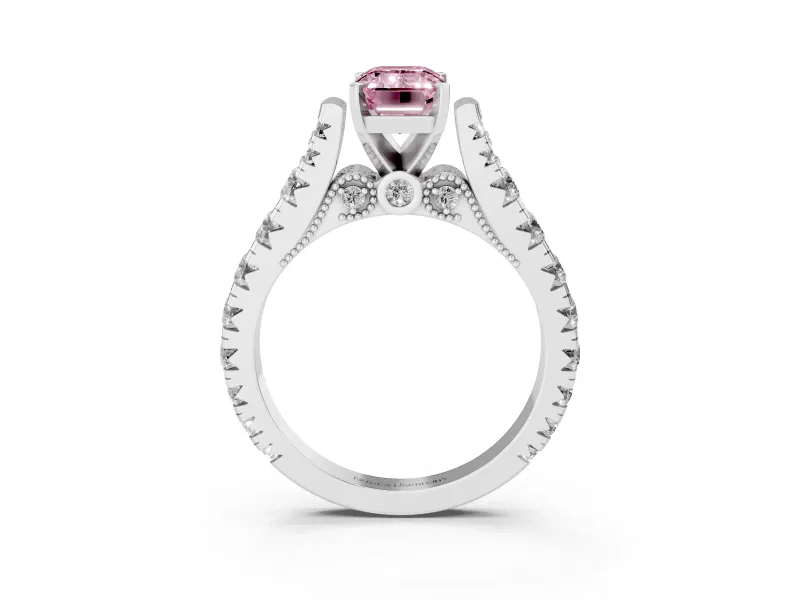 Fancy Pink Emerald Cut Diamond Classic Solitaire Ring Set in Silver with Pavé Band and Prong Setting