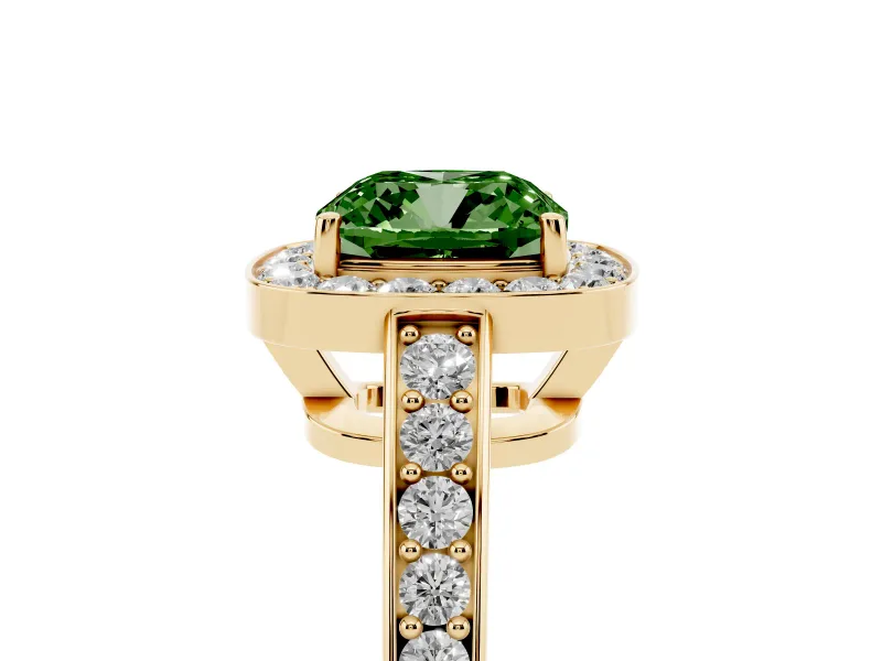 Fancy Green Cushion Cut Diamond Halo Pavé Engagement Ring Set in Yellow gold with Bezel Setting