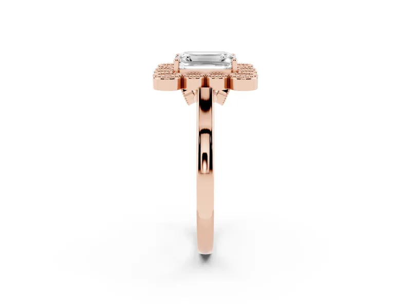 Emerald Cut Vintage Milgrain Bezel Cluster Halo Engagement Ring Setting | Plain Band | Rose Gold