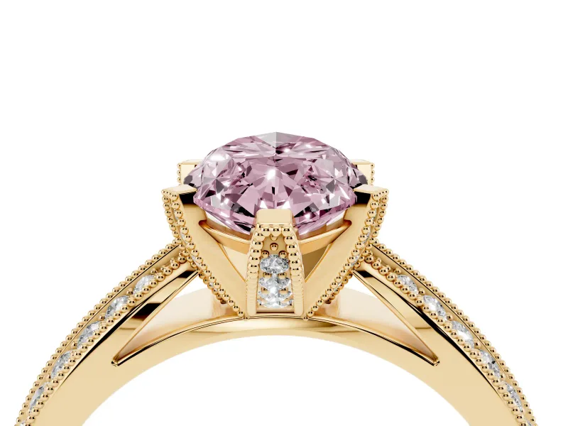 Fancy Pink Marquise Cut Diamond Solitaire Ring Set in Yellow gold with Milgrain Double Row Round Pavé Band