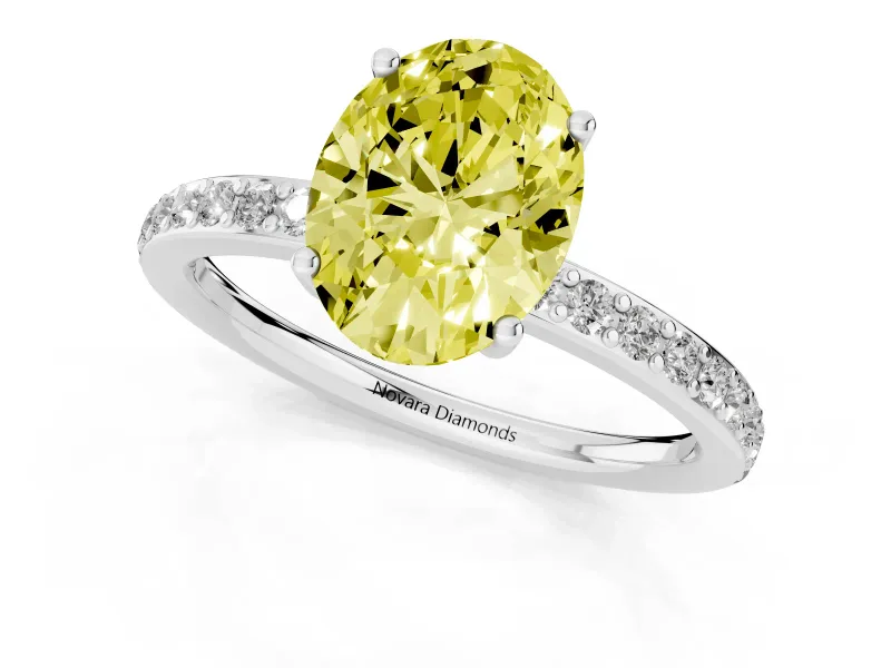 Fancy Yellow Oval Cut Diamond Pavé Band Ring Set in Silver with Prong-Set Center Stone