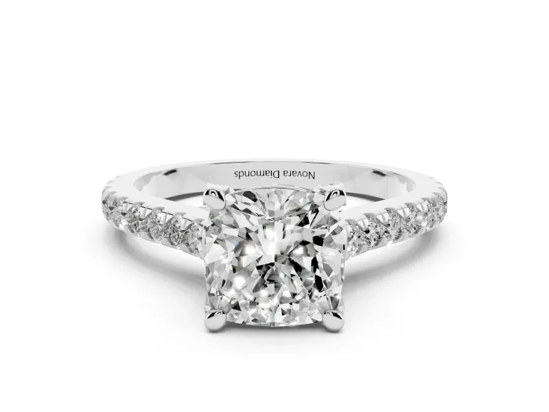 Cushion Cut Diamond Solitaire Ring Set in Platinum with Brilliant Pavé Band and Prong Setting