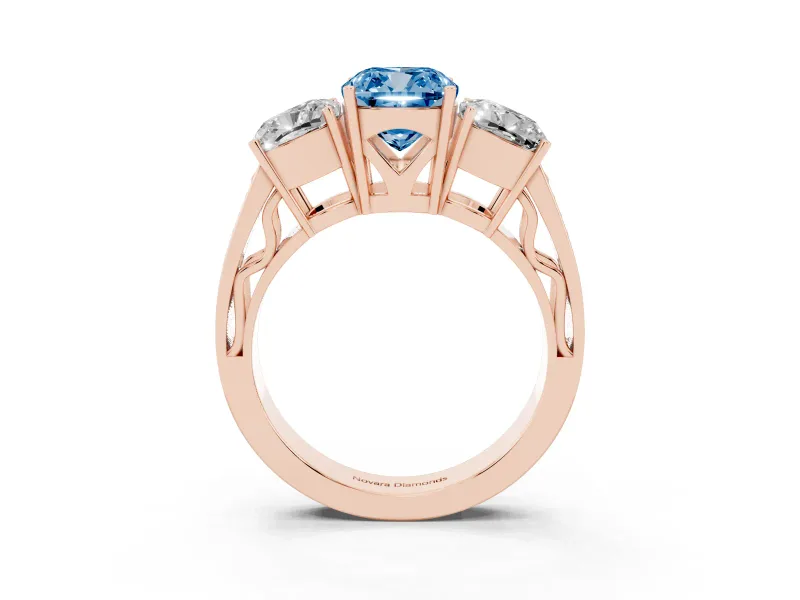 Cushion Cut Three Stone Engagement Ring Setting for a Fancy Blue Lab-Grown Diamond | Beaded Shoulders | Rose Gold