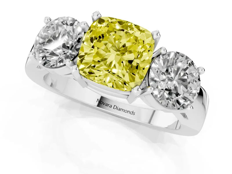 Cushion Cut Three Stone Engagement Ring Setting for a Fancy Yellow Lab-Grown Diamond | Wide Plain Band | Platinum