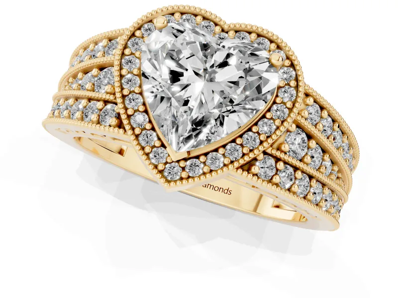 Heart Cut Diamond Halo Ring Set in Yellow gold with Accent Split Shank and Prong Setting