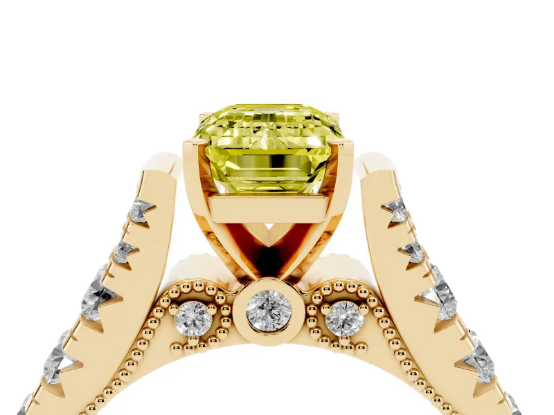 Fancy Yellow Emerald Cut Diamond Classic Solitaire Ring Set in Yellow gold with Pavé Band and Prong Setting