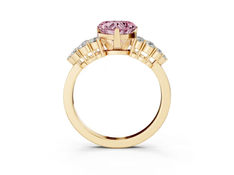 Heart-Shaped Side Stone Engagement Ring Setting for a Fancy Pink Lab-Grown Diamond | Shoulder Clusters | Yellow Gold